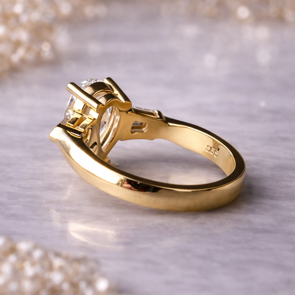 Gold ring with a diamond on a textured surface