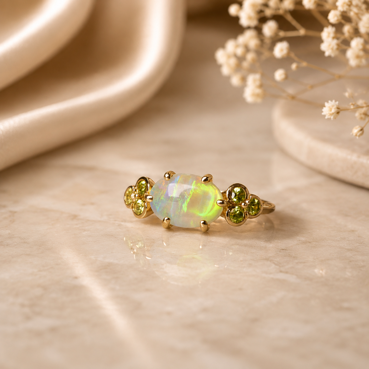 Beautiful 10K Gold Australian Crystal Opal Ring with Natural Sapphire Accents