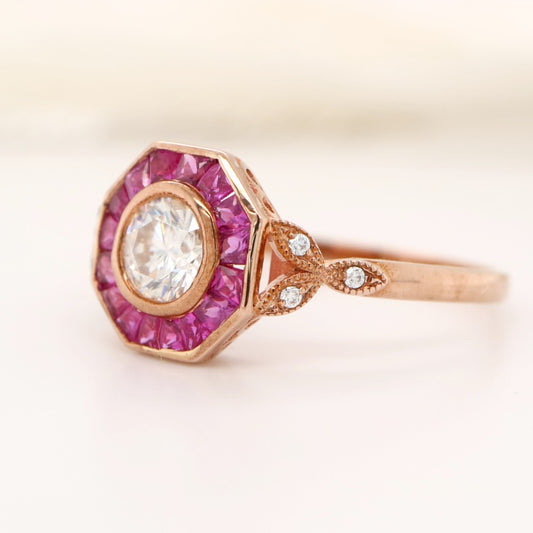 9k Rose Gold Moissenite And Ruby Ring