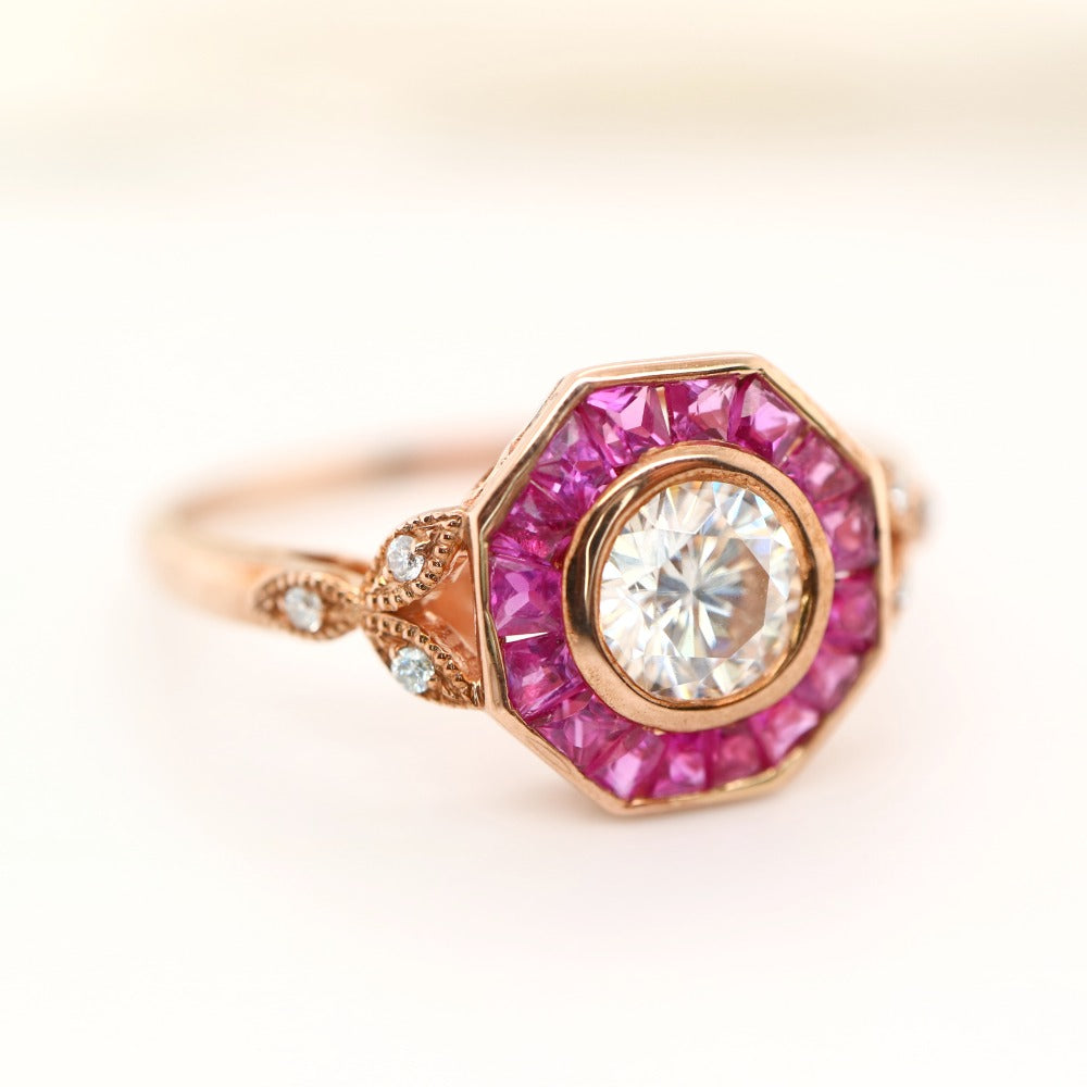 9k Rose Gold Moissenite And Ruby Ring