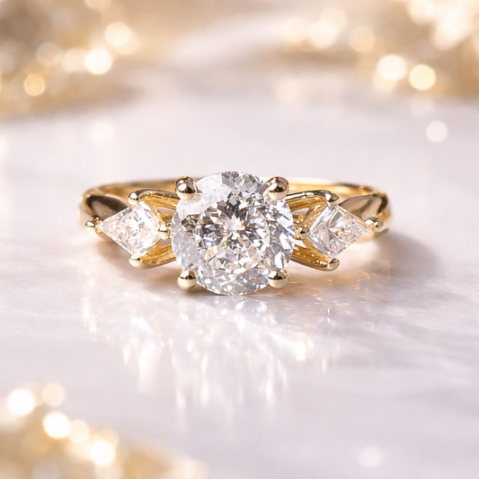Gold ring with a large diamond and smaller diamonds on the sides against a soft, blurred background.