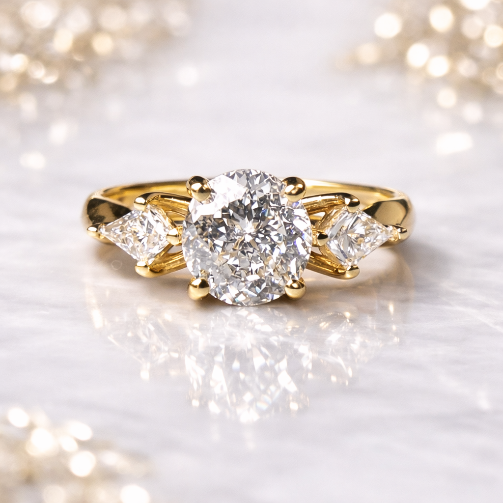 Gold ring with a large diamond and smaller diamonds on the sides against a soft, blurred background.