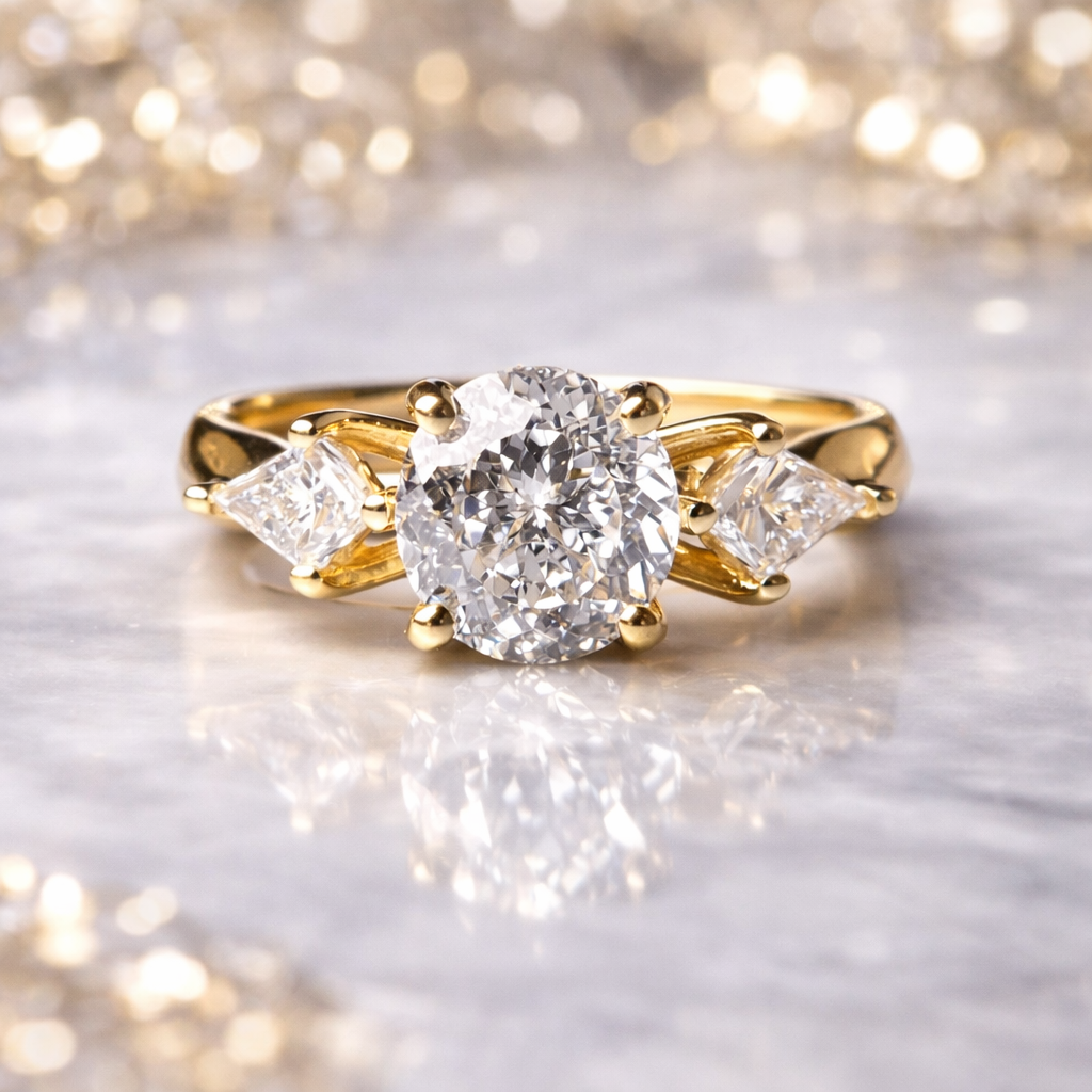 Gold ring with a large diamond and smaller diamonds on the sides against a blurred background