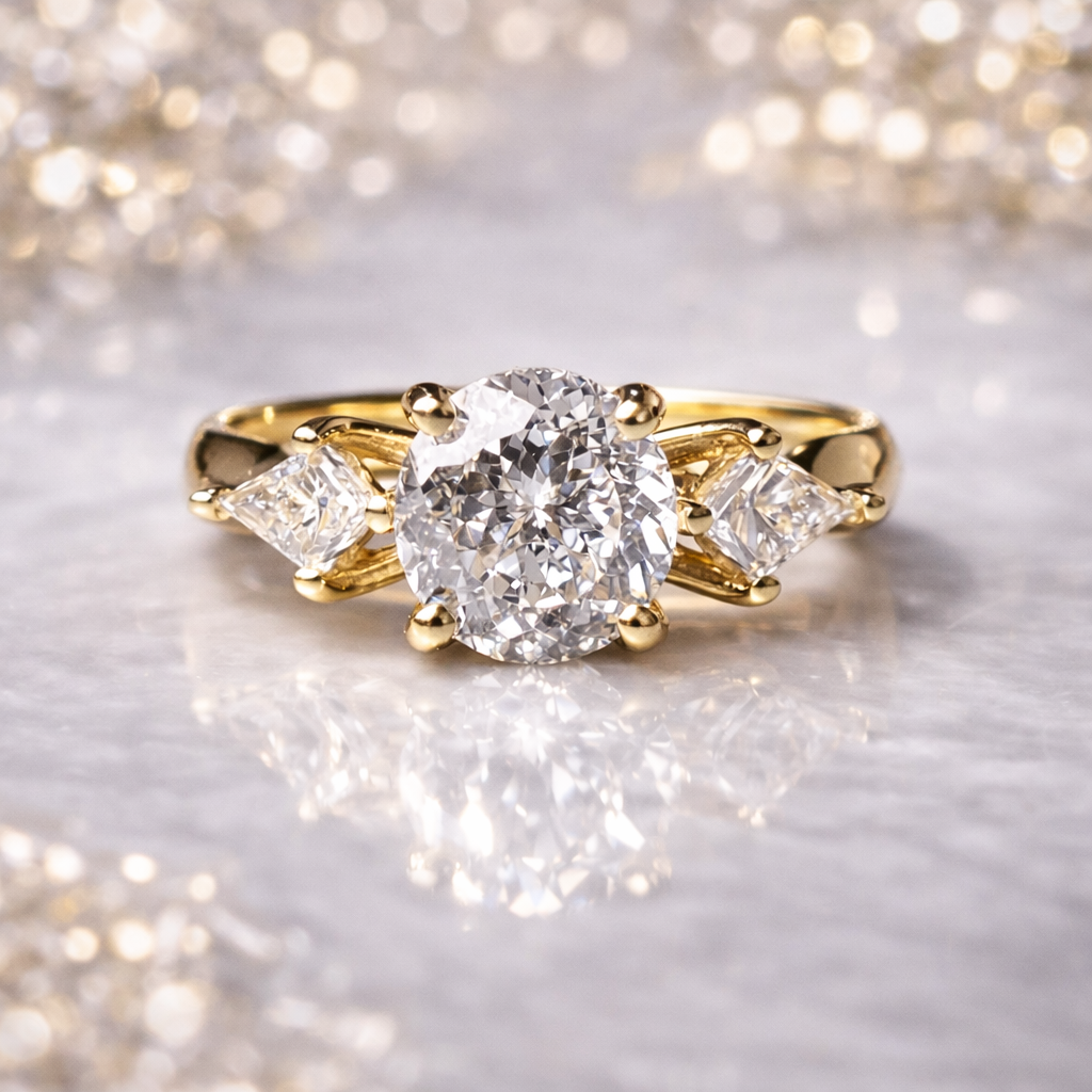 Gold ring with a large diamond and smaller diamonds on the sides against a sparkling background