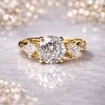 Gold ring with a large diamond and smaller diamonds on the sides against a sparkling background