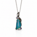 A silver pendant necklace featuring a teardrop-shaped blue-green opal stone with two small round purple gemstones, suspended from a delicate silver chain on a white background.
