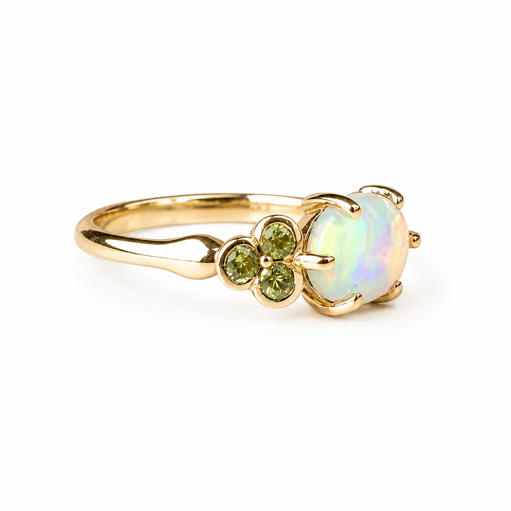 Beautiful 10K Gold Australian Crystal Opal Ring with Natural Sapphire Accents