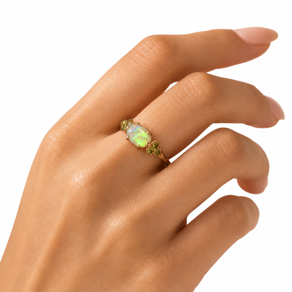 Beautiful 10K Gold Australian Crystal Opal Ring with Natural Sapphire Accents