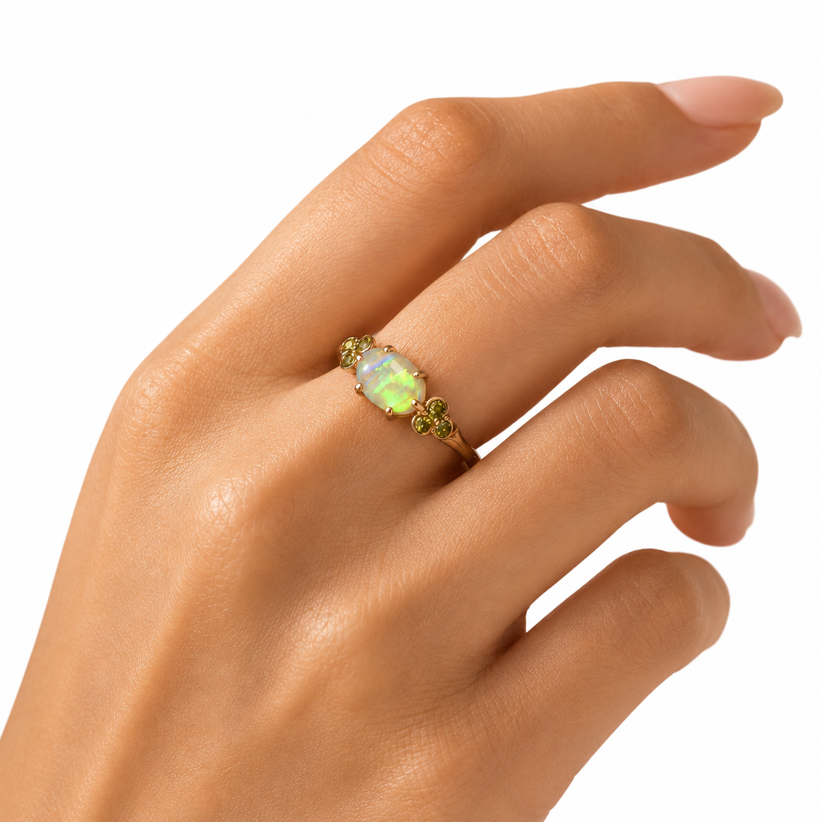 Beautiful 10K Gold Australian Crystal Opal Ring with Natural Sapphire Accents