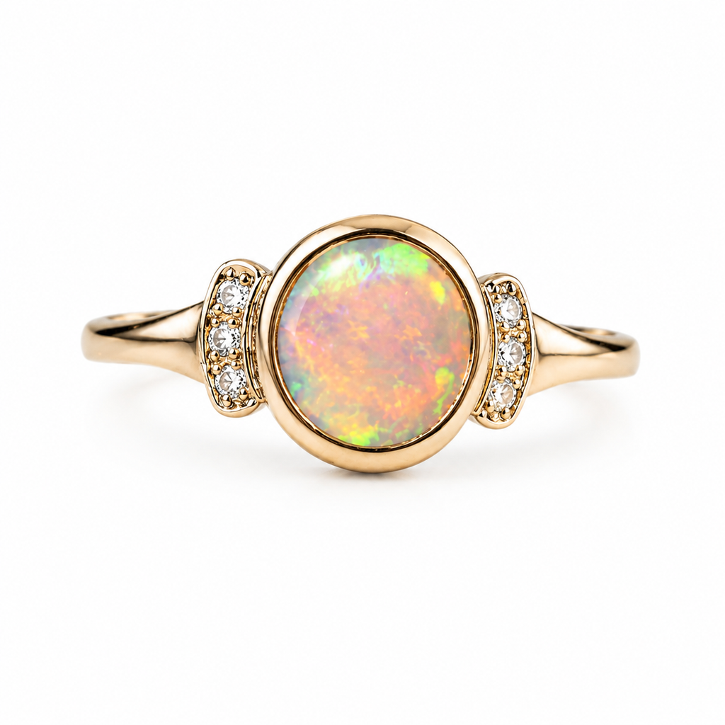 Elegant 10K Gold Australian Crystal Opal & Diamond Ring