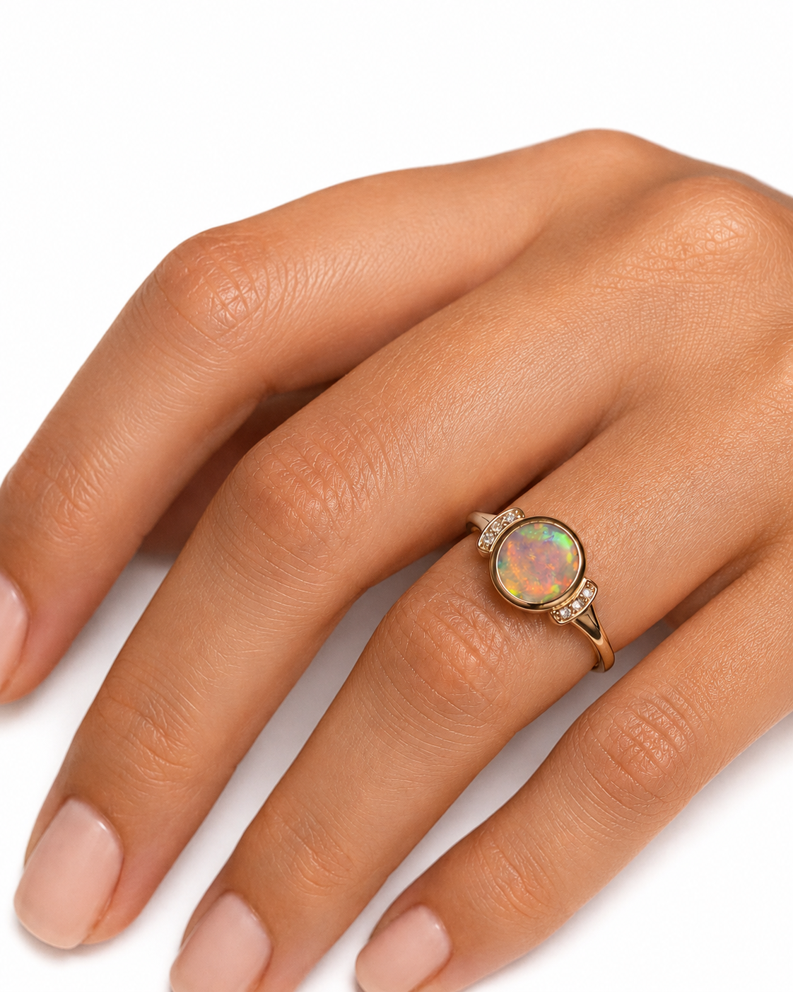 Elegant 10K Gold Australian Crystal Opal & Diamond Ring