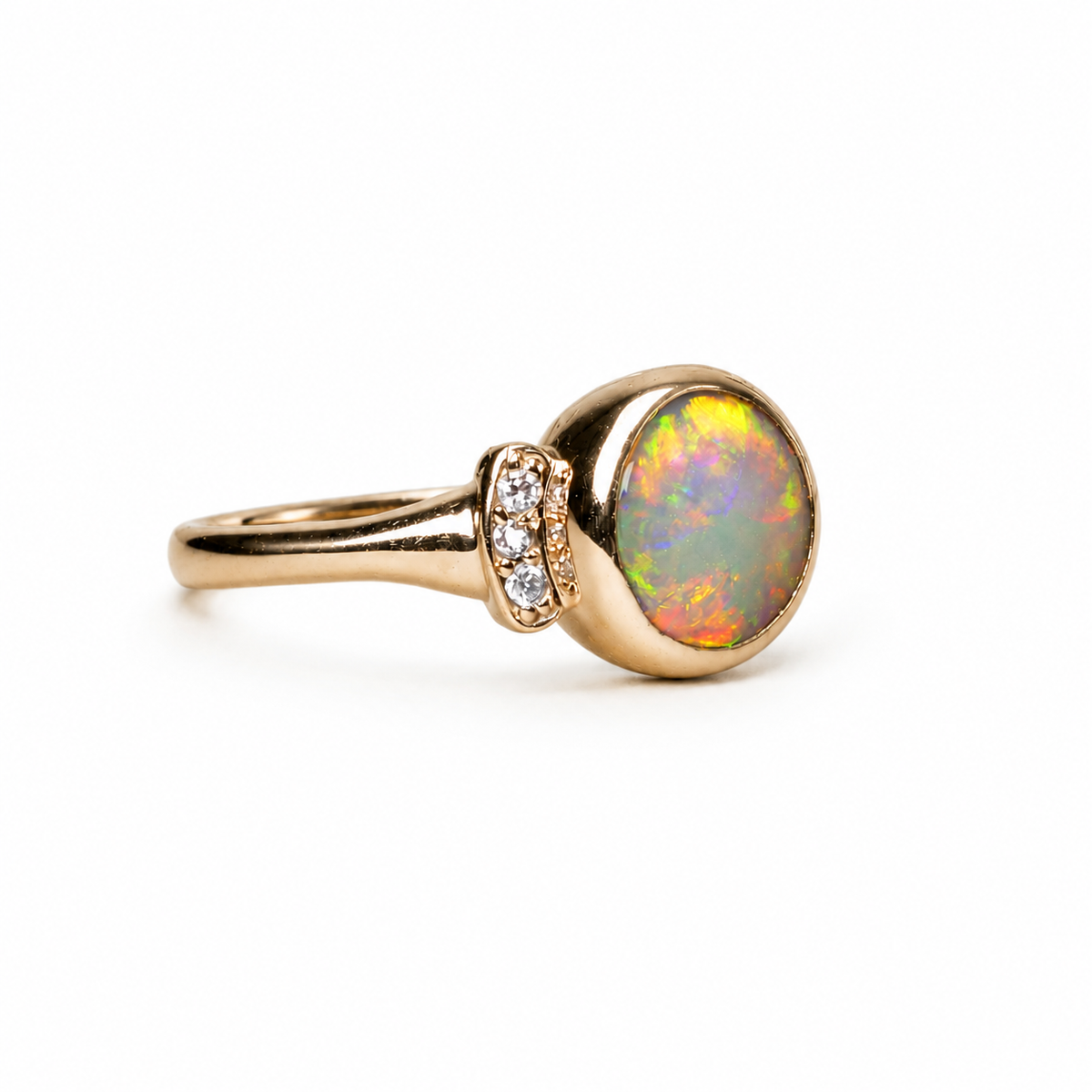 Elegant 10K Gold Australian Crystal Opal & Diamond Ring