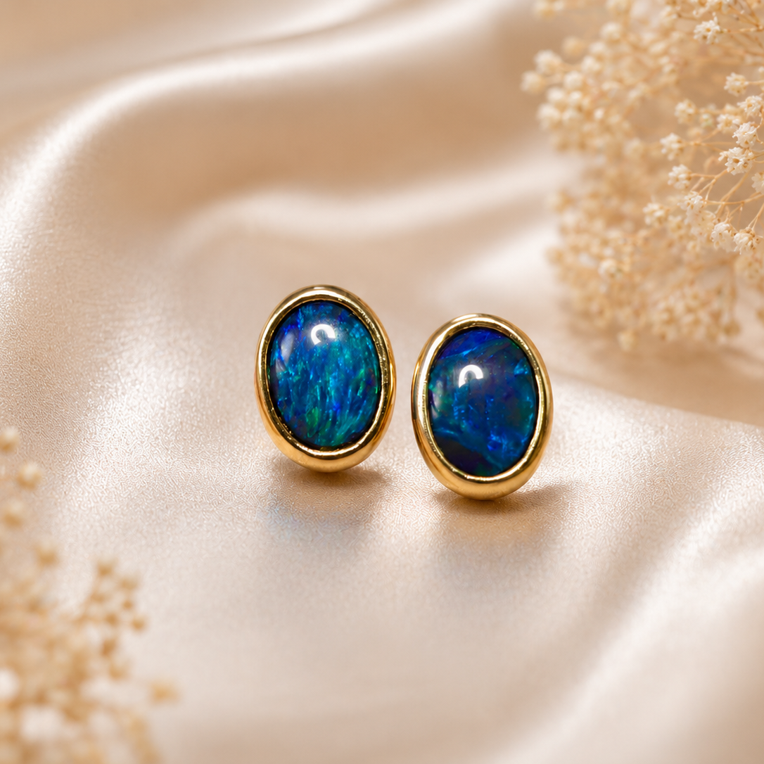 Australian Opal Earrings Elegant 14k Gold with Lightning Ridge Black Opal