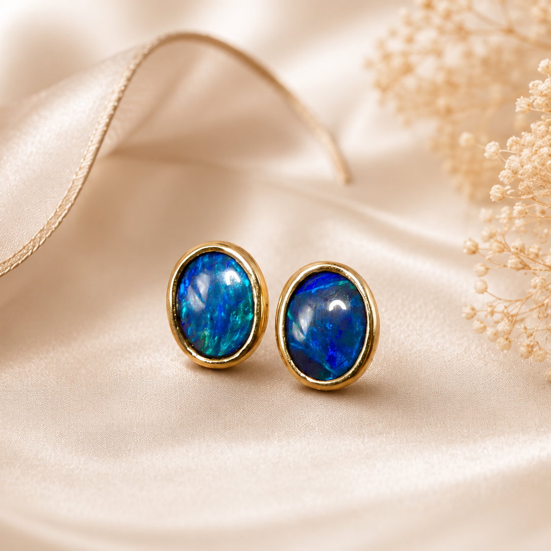 Australian Opal Earrings Elegant 14k Gold with Lightning Ridge Black Opal
