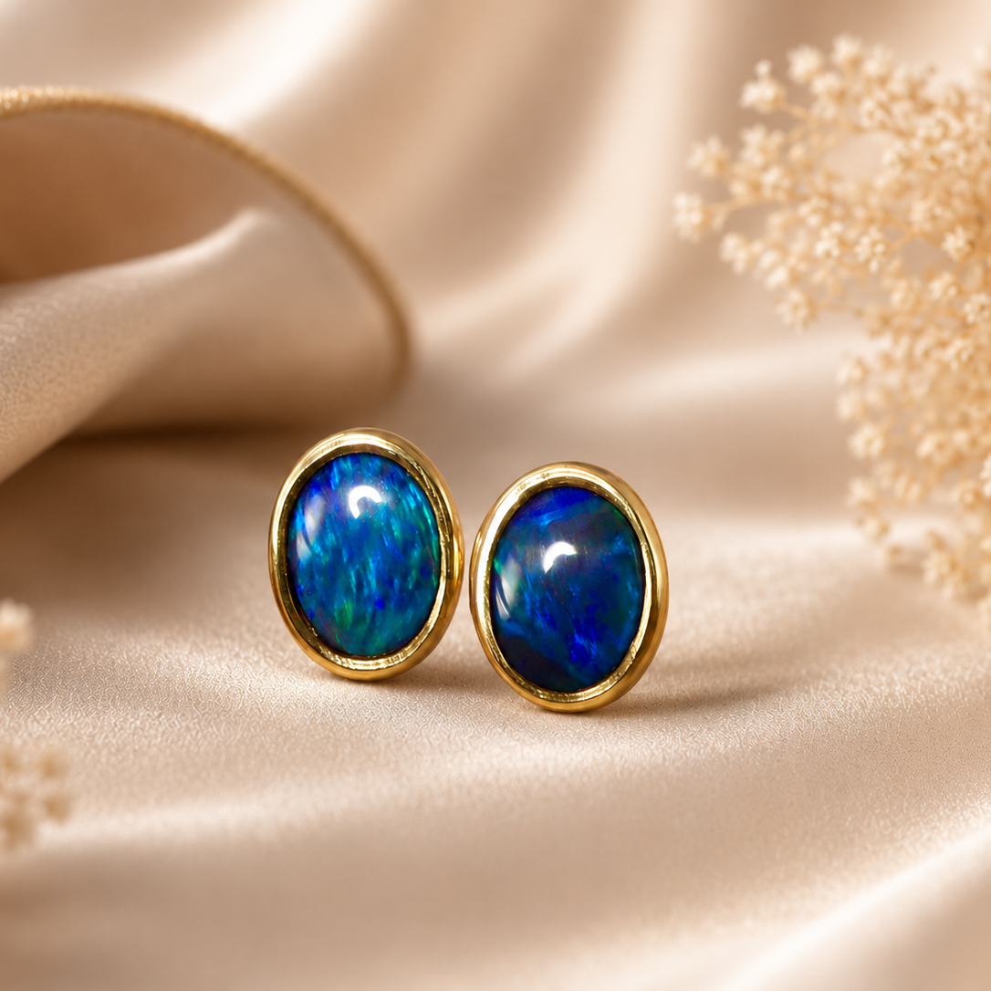Australian Opal Earrings Elegant 14k Gold with Lightning Ridge Black Opal