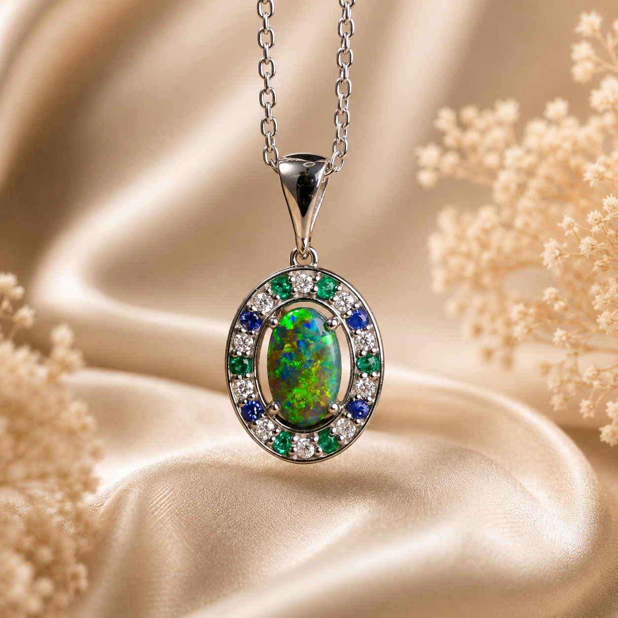 Luxurious 18k White Gold Pendant with Black Opal, Diamonds, Emeralds & Sapphires
