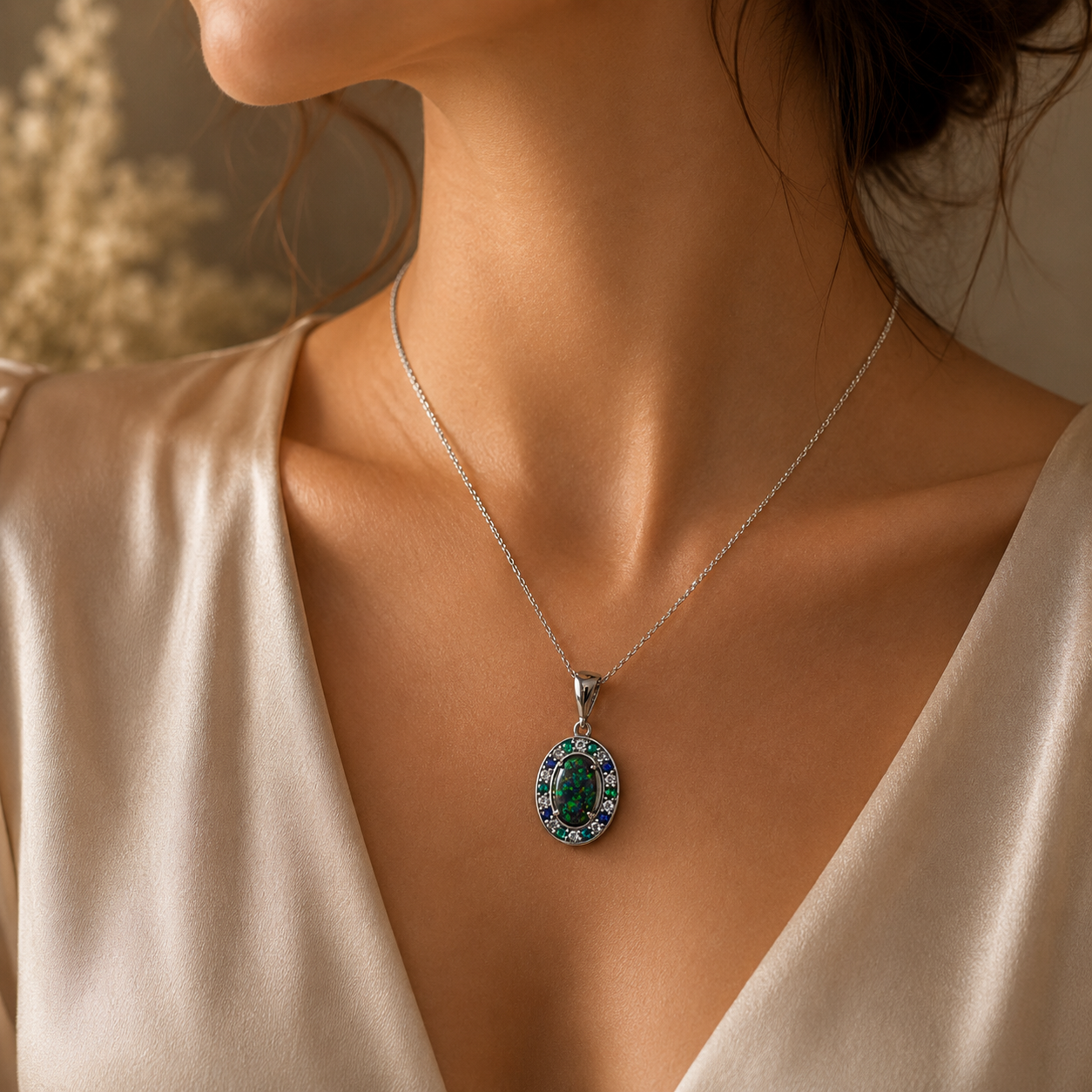 Luxurious 18k White Gold Pendant with Black Opal, Diamonds, Emeralds & Sapphires