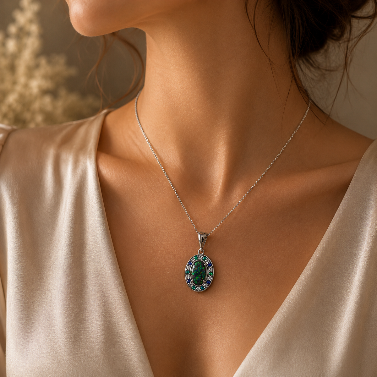 Luxurious 18k White Gold Pendant with Black Opal, Diamonds, Emeralds & Sapphires