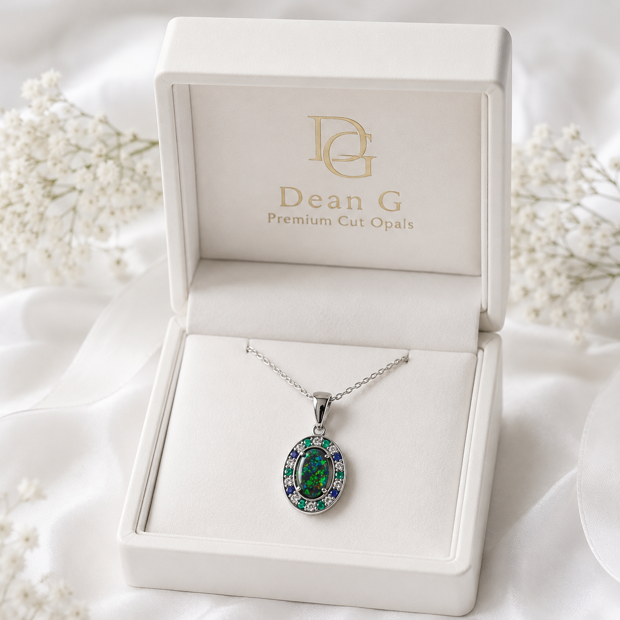 Luxurious 18k White Gold Pendant with Black Opal, Diamonds, Emeralds & Sapphires