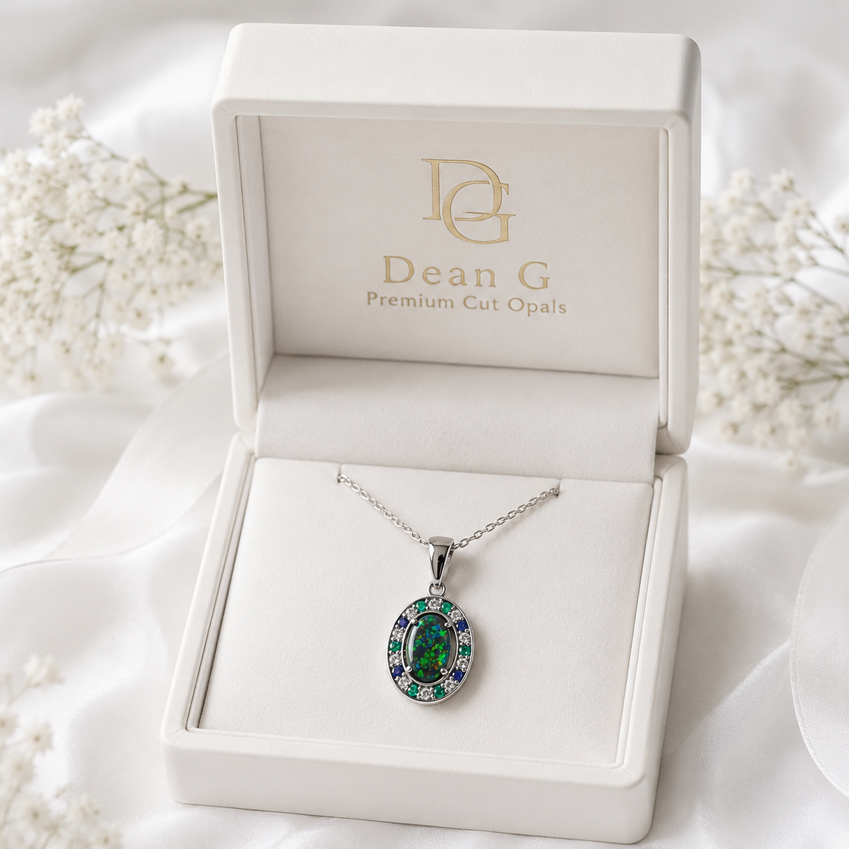 Luxurious 18k White Gold Pendant with Black Opal, Diamonds, Emeralds & Sapphires