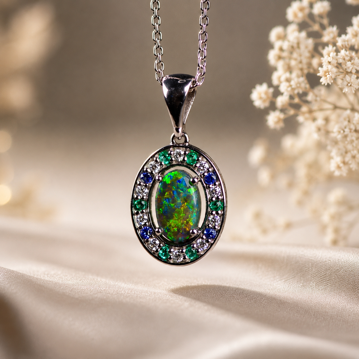 Luxurious 18k White Gold Pendant with Black Opal, Diamonds, Emeralds & Sapphires