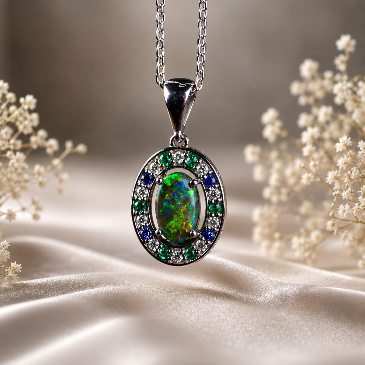 Luxurious 18k White Gold Pendant with Black Opal, Diamonds, Emeralds & Sapphires