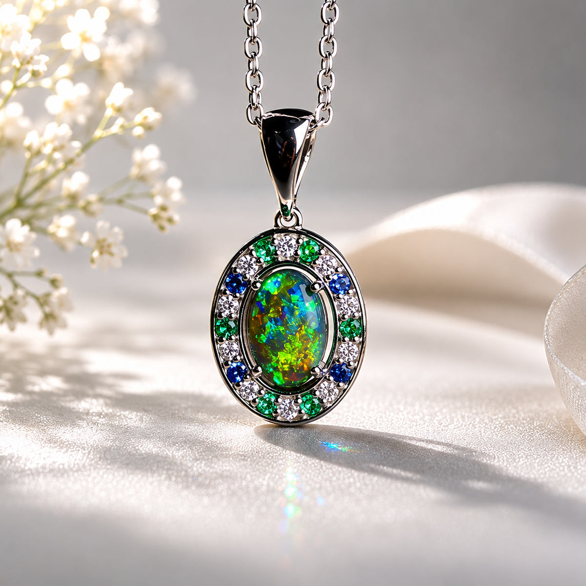 Luxurious 18k White Gold Pendant with Black Opal, Diamonds, Emeralds & Sapphires