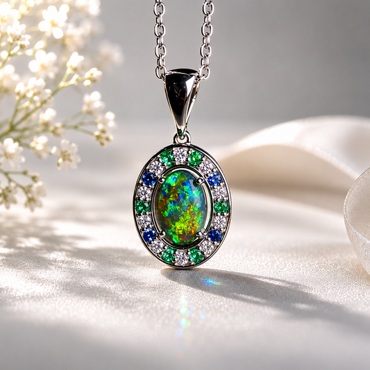 Luxurious 18k White Gold Pendant with Black Opal, Diamonds, Emeralds & Sapphires