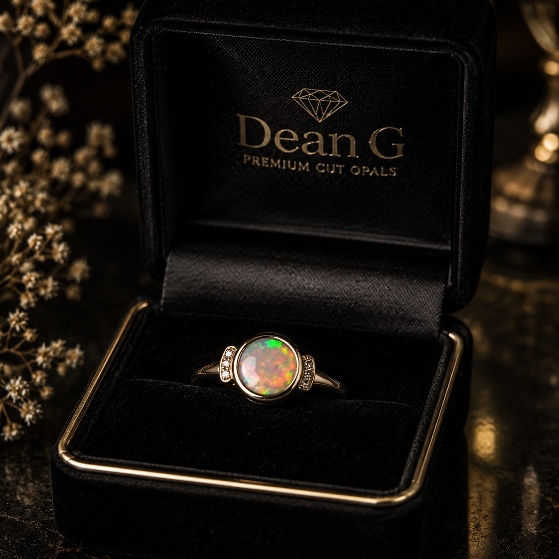 Opal ring in a Dean G box with flowers in the background