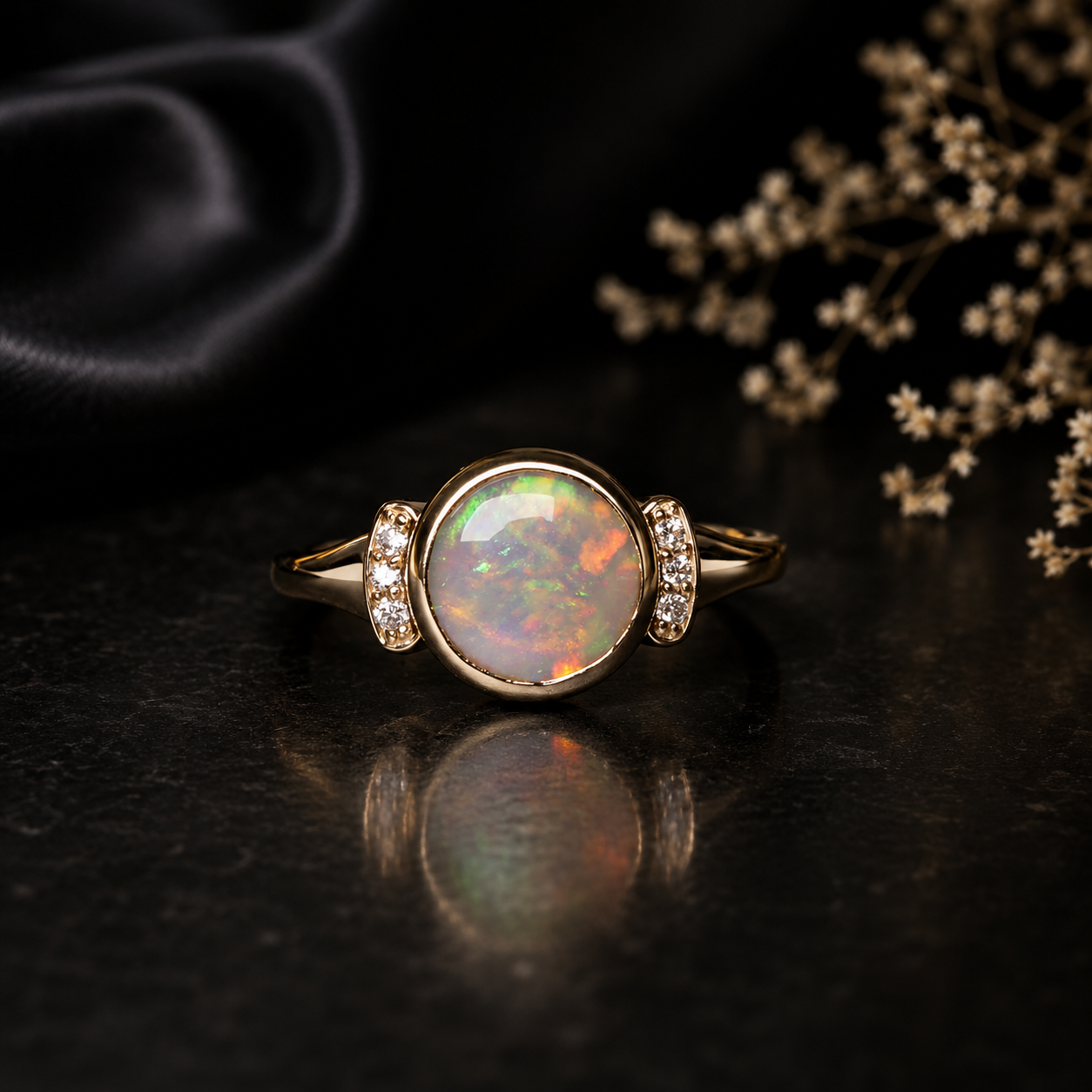 Gold ring with a colorful gemstone on a dark surface with dried flowers.