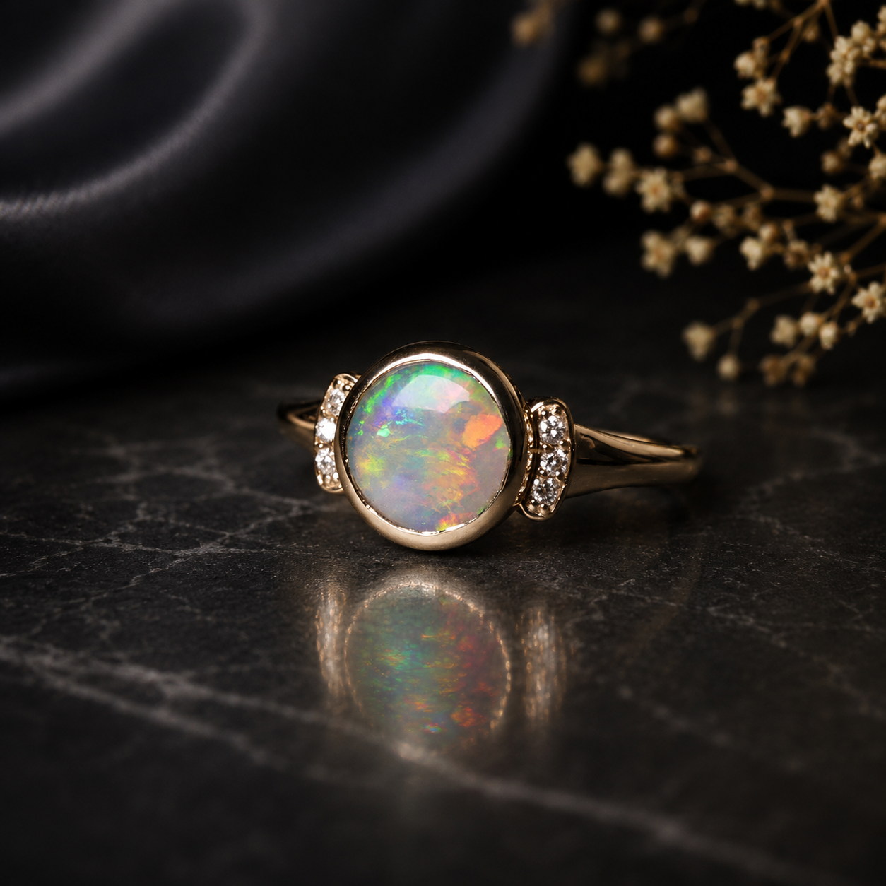 Opal ring with gold setting on a dark surface