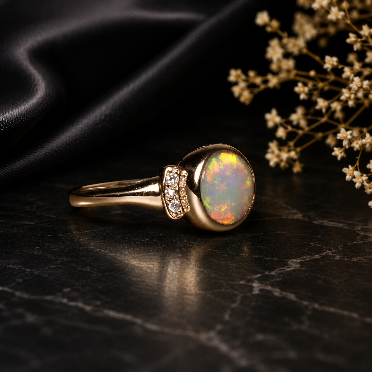 Gold ring with an opal stone on a dark surface with dried flowers.