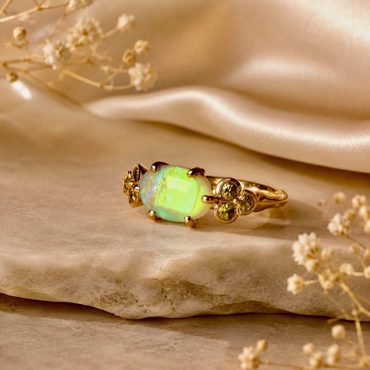 Beautiful 10K Gold Australian Crystal Opal Ring with Natural Sapphire Accents