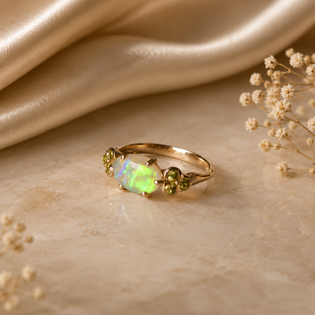 Beautiful 10K Gold Australian Crystal Opal Ring with Natural Sapphire Accents