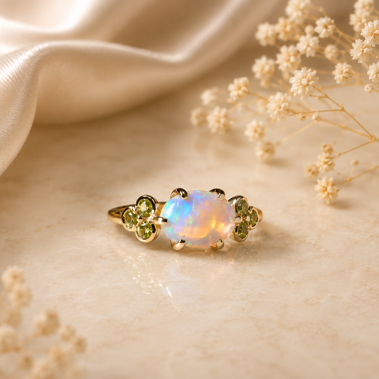 Beautiful 10K Gold Australian Crystal Opal Ring with Natural Sapphire Accents