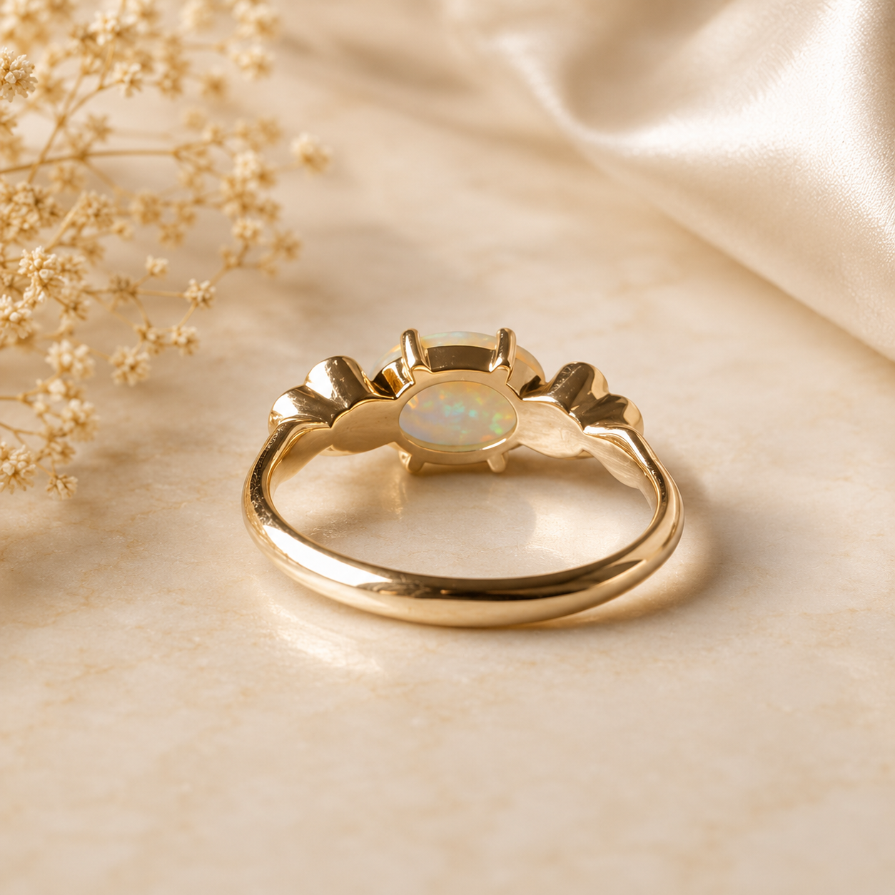 Beautiful 10K Gold Australian Crystal Opal Ring with Natural Sapphire Accents