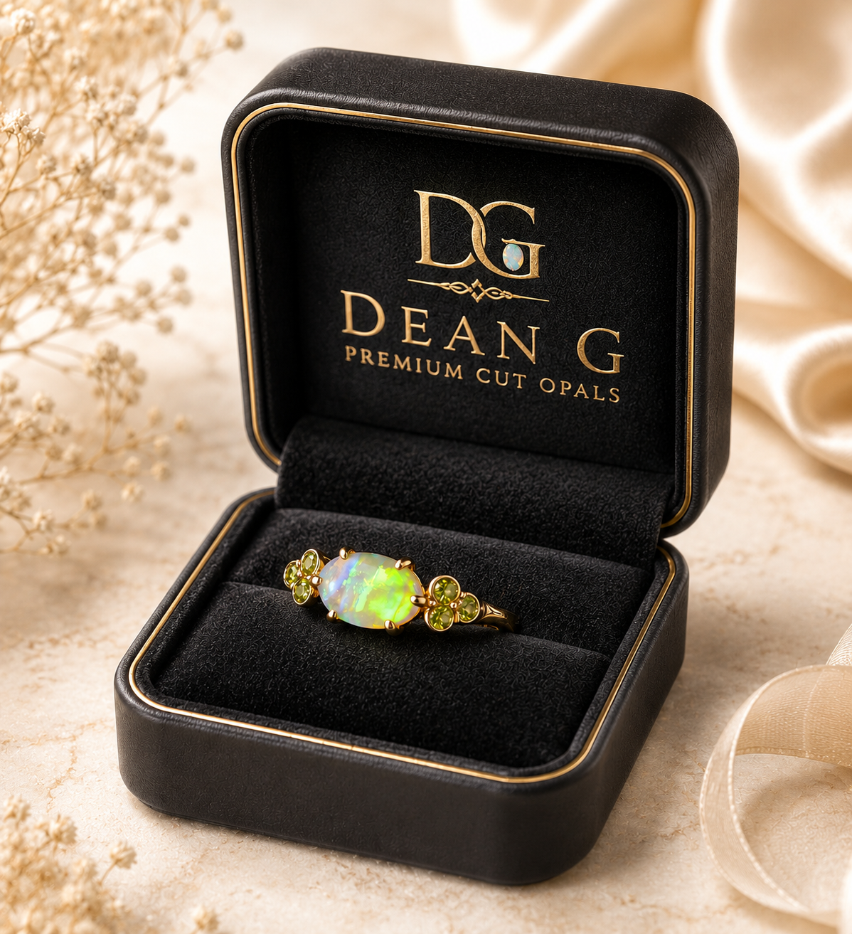 Beautiful 10K Gold Australian Crystal Opal Ring with Natural Sapphire Accents