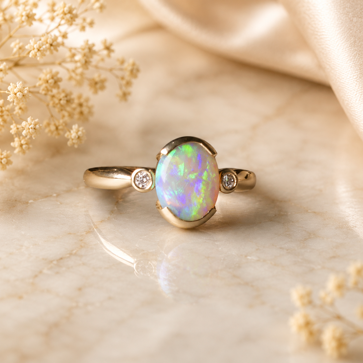 Gold ring with an opal stone on a marble surface with dried flowers.