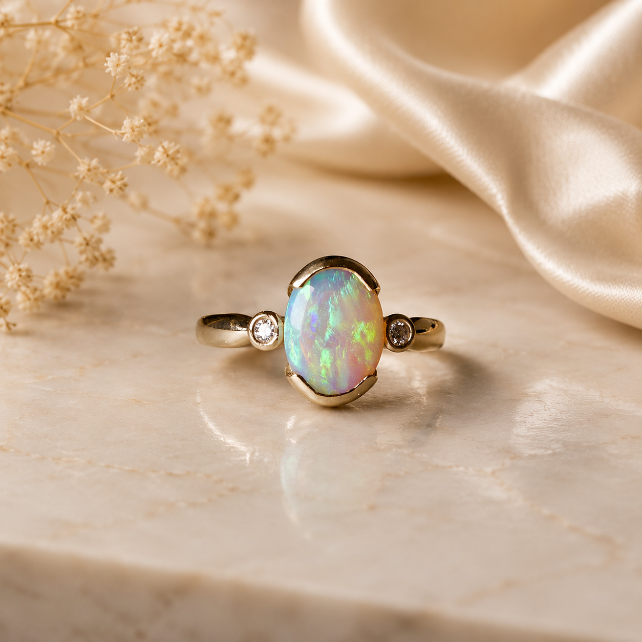 Gold ring with an opal stone on a marble surface with dried flowers and satin fabric.