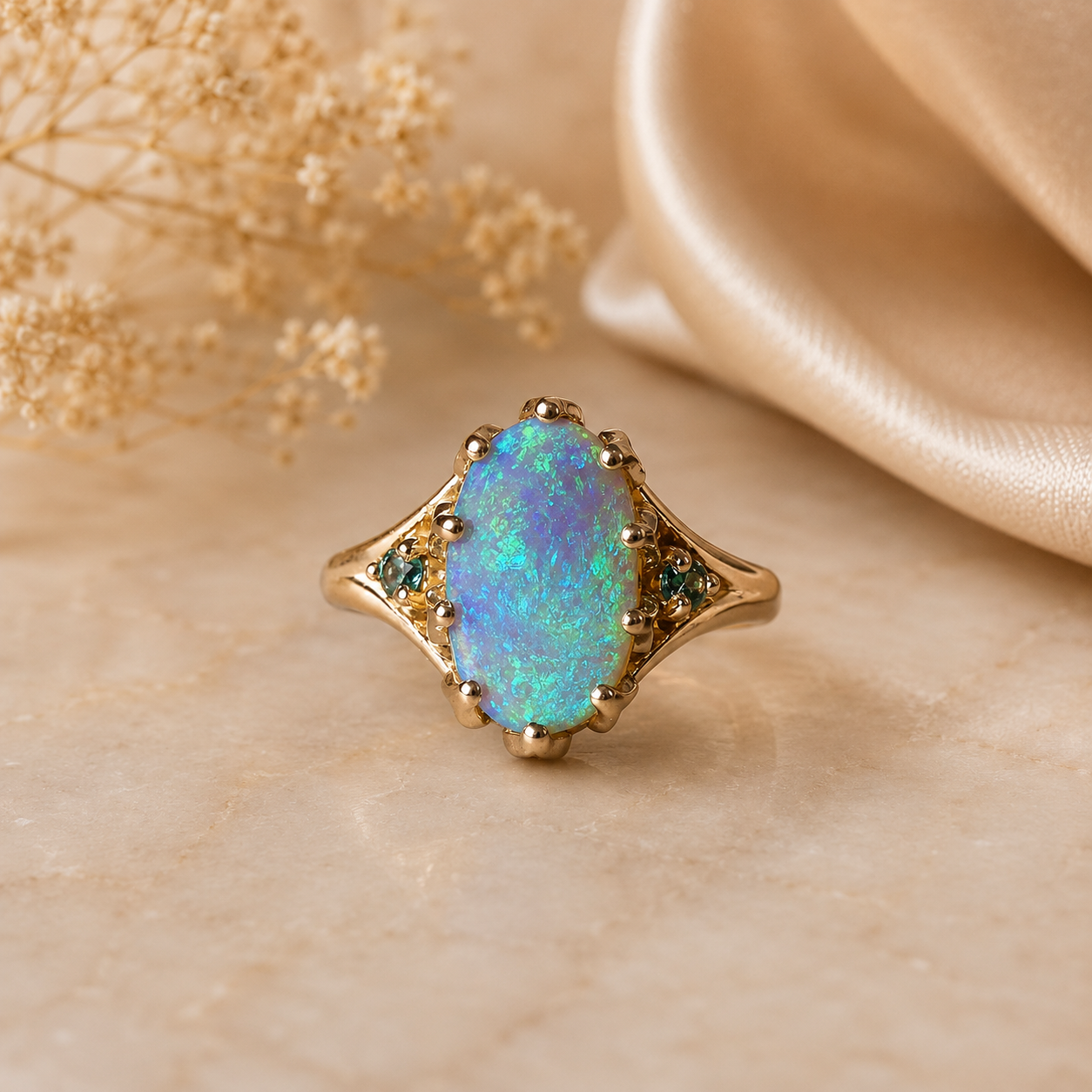 Stunning 10K Gold Australian Crystal Opal & Sapphire Ring