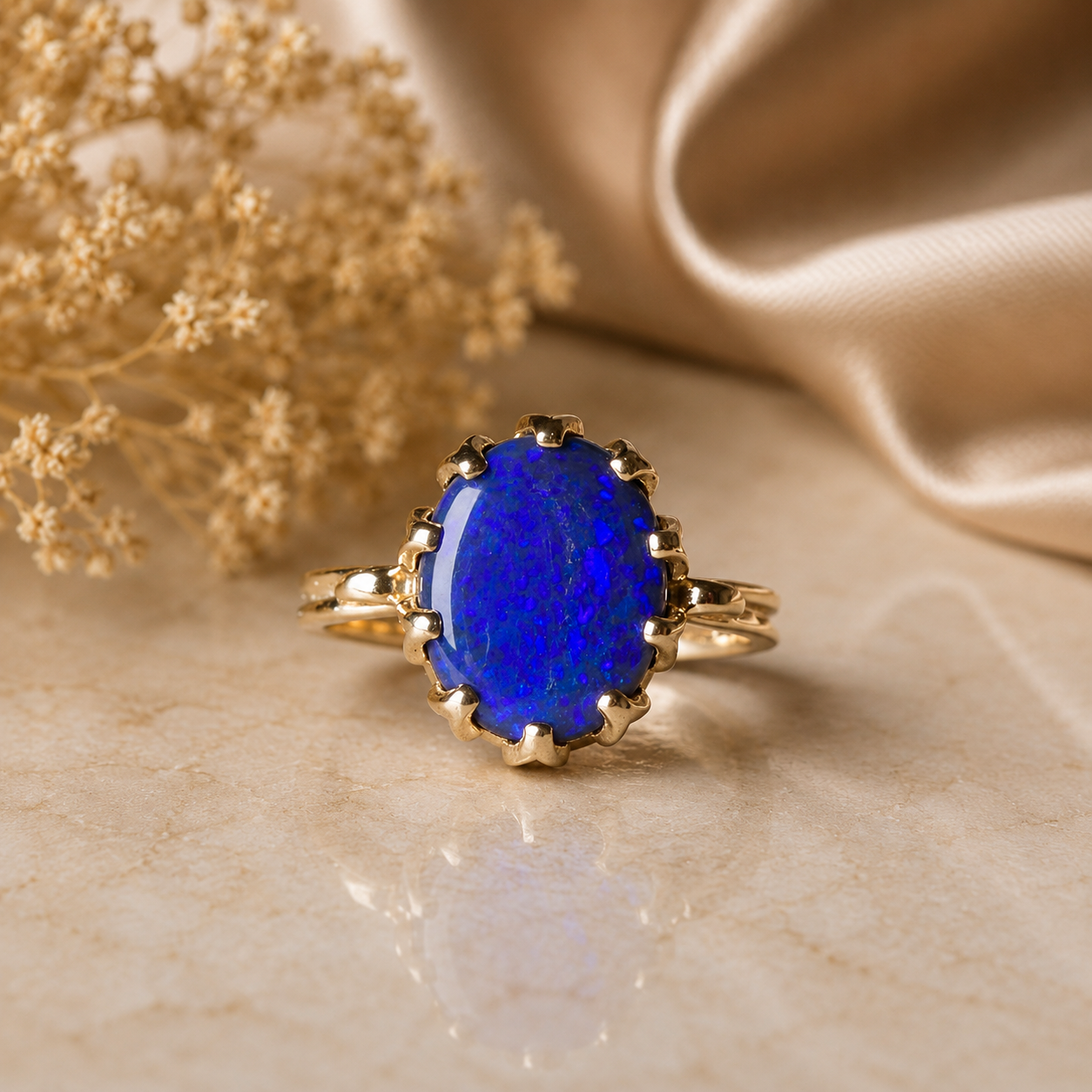 Gold ring with a blue stone on a beige surface with dried flowers.