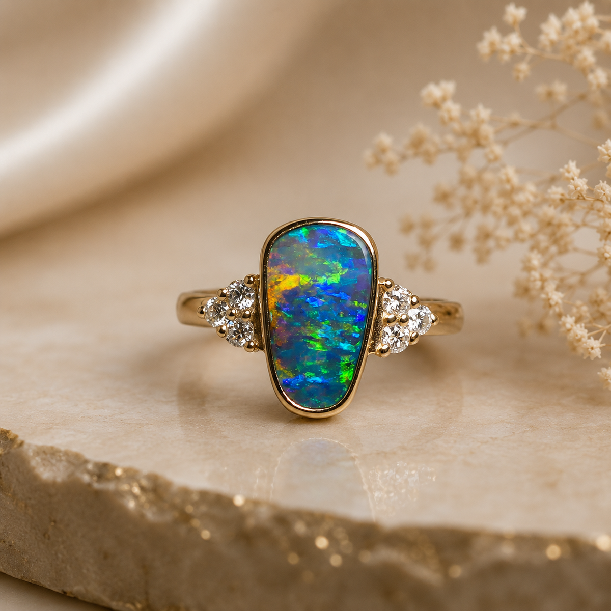 Beautiful  Rare Australian Boulder Opal 14k Gold Ring Natural Diamonds