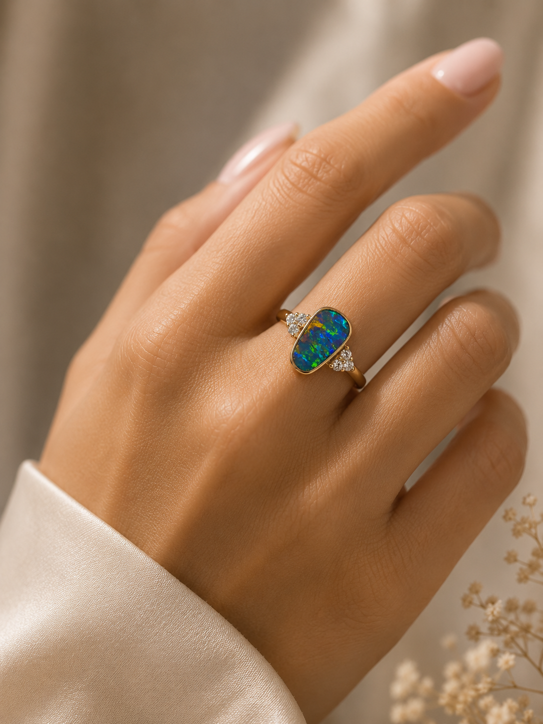 Beautiful  Rare Australian Boulder Opal 14k Gold Ring Natural Diamonds