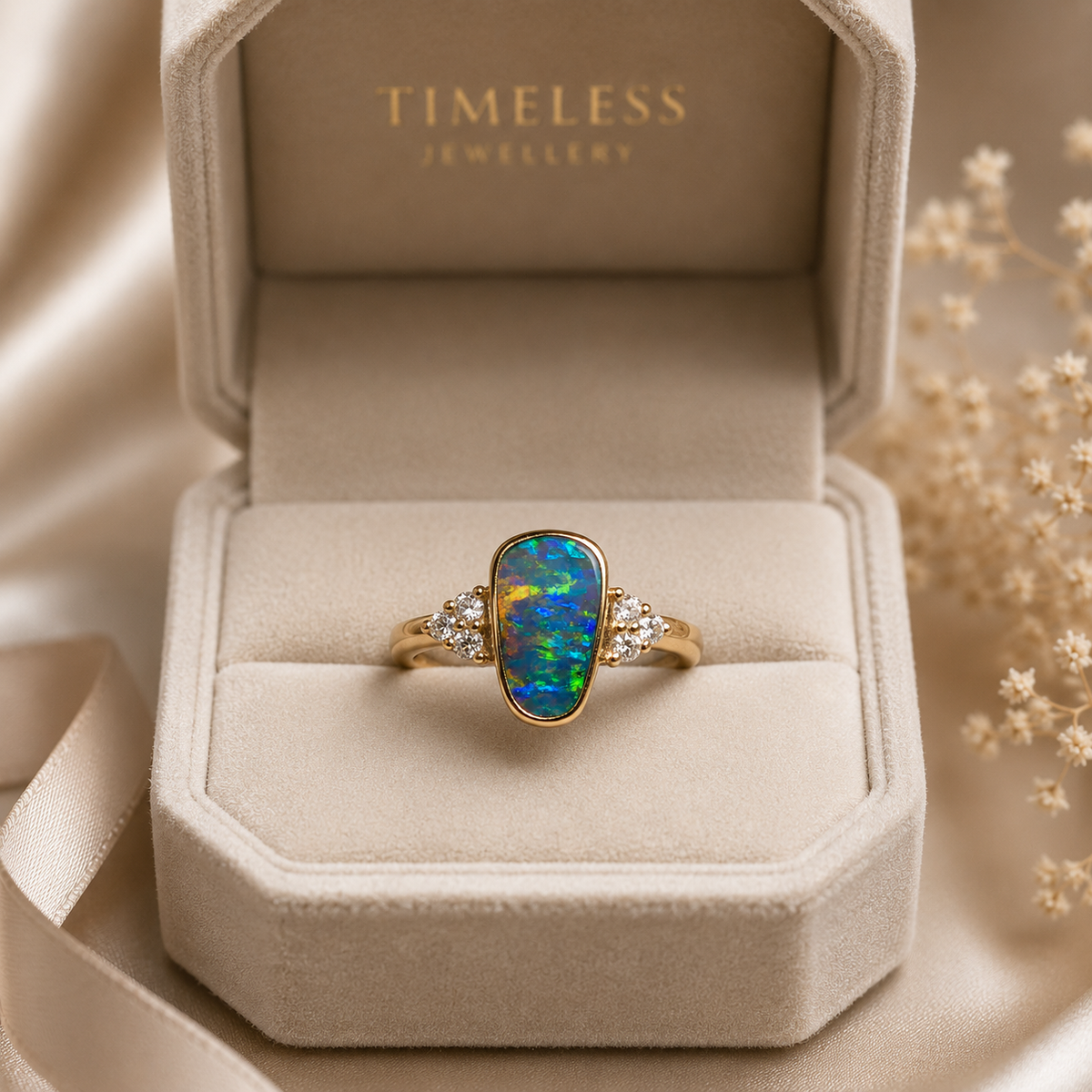 Beautiful  Rare Australian Boulder Opal 14k Gold Ring Natural Diamonds