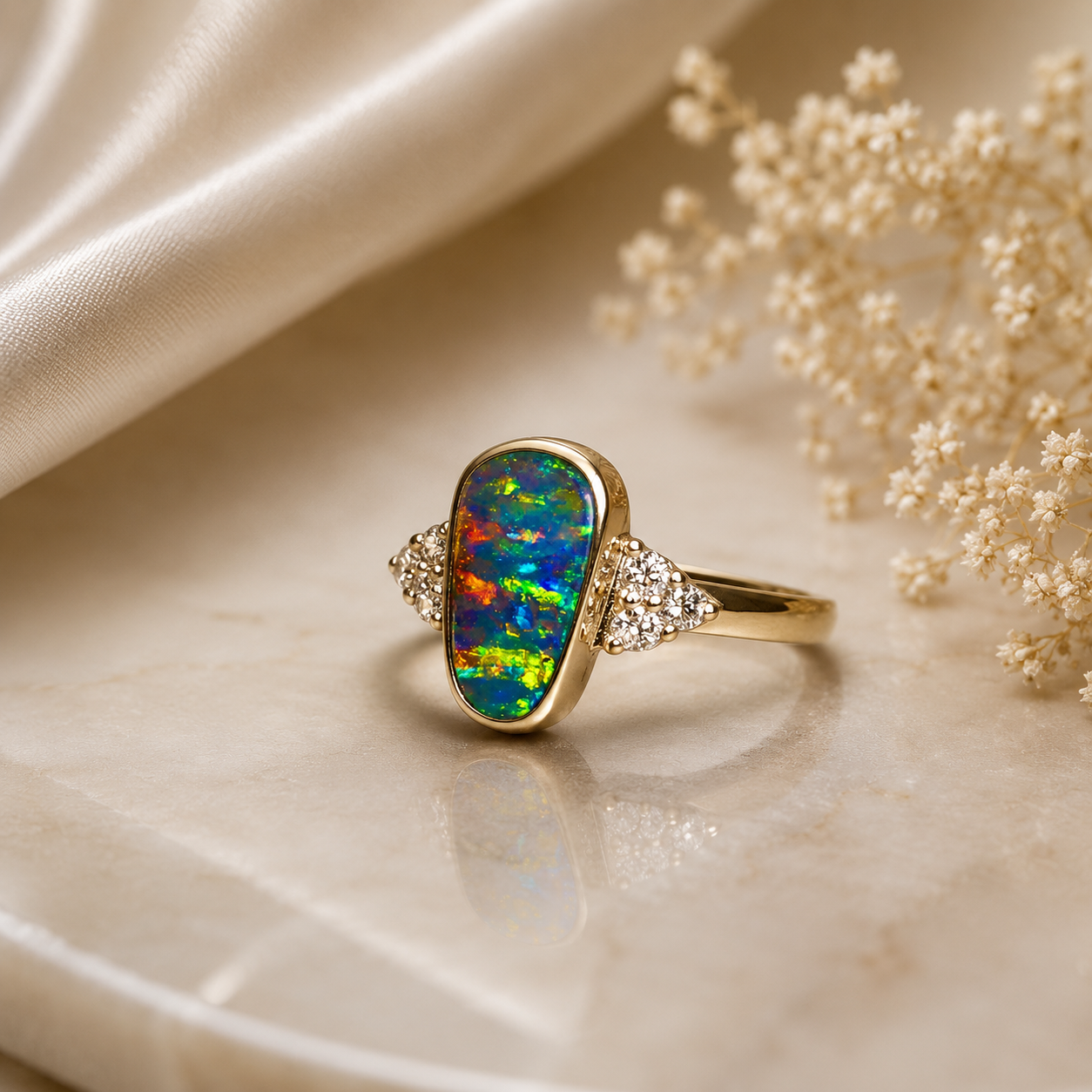 Beautiful  Rare Australian Boulder Opal 14k Gold Ring Natural Diamonds