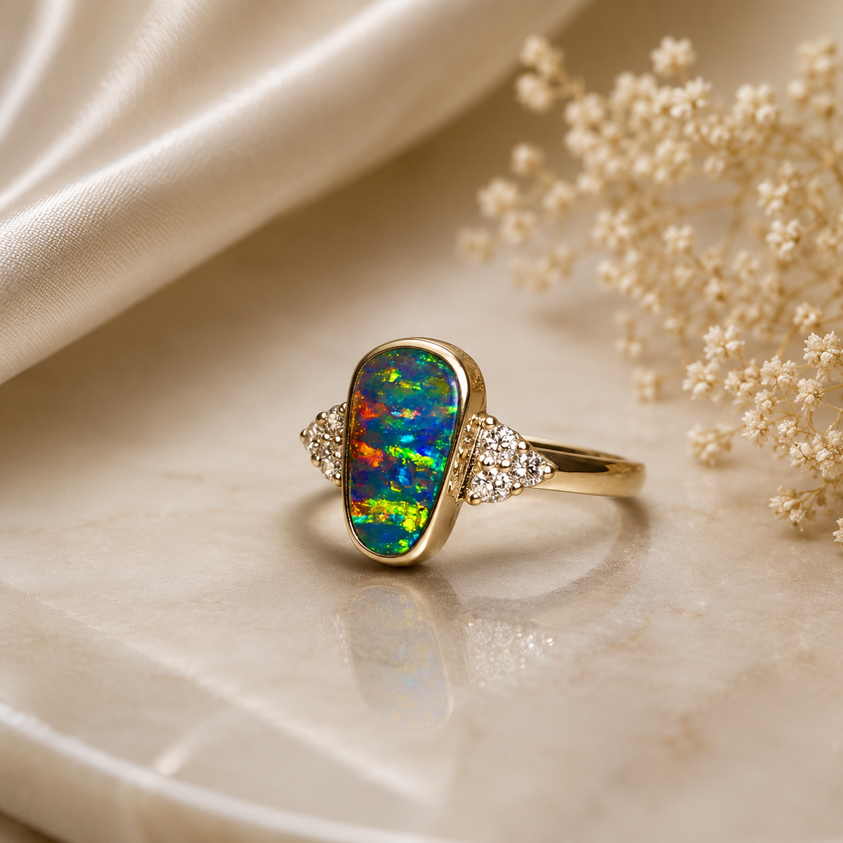 Beautiful  Rare Australian Boulder Opal 14k Gold Ring Natural Diamonds