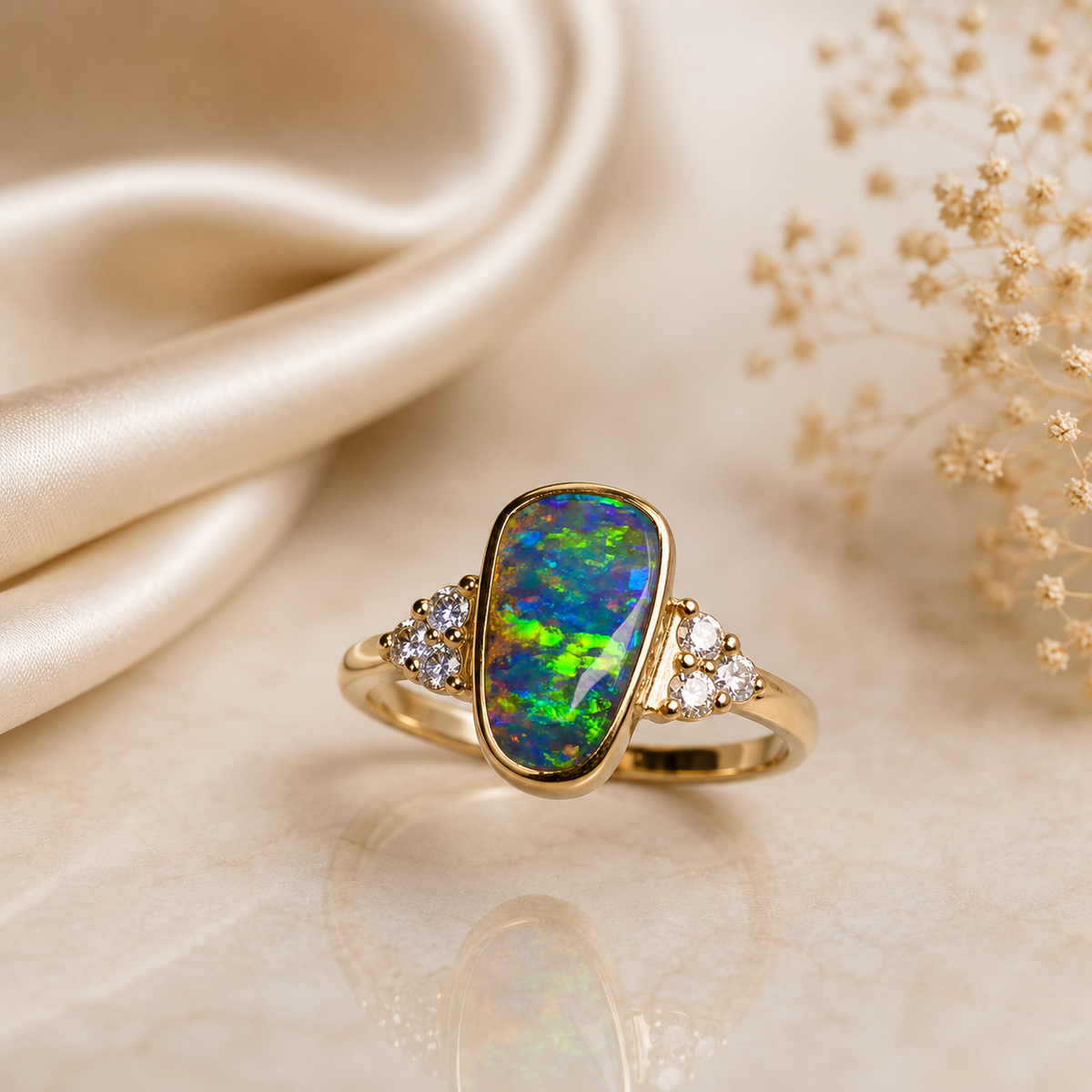 Beautiful  Rare Australian Boulder Opal 14k Gold Ring Natural Diamonds