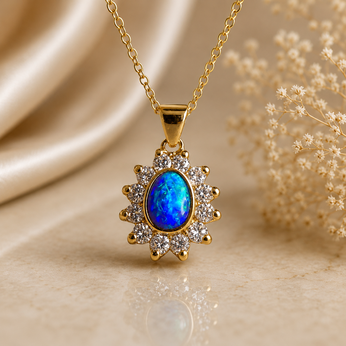 Vibrant sparkling 18K Yellow Gold Black Opal & Diamond Halo Pendant