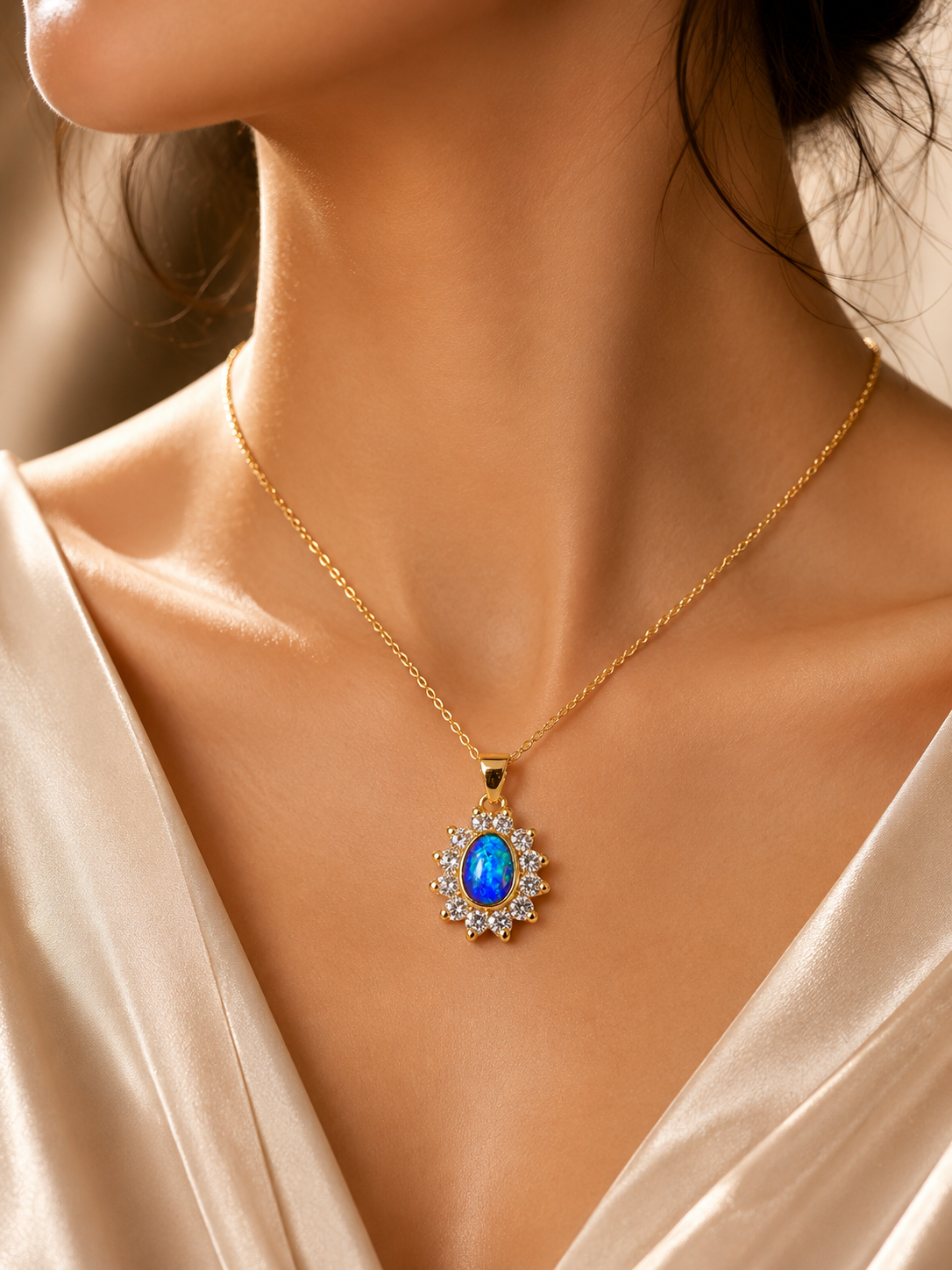 Vibrant sparkling 18K Yellow Gold Black Opal & Diamond Halo Pendant