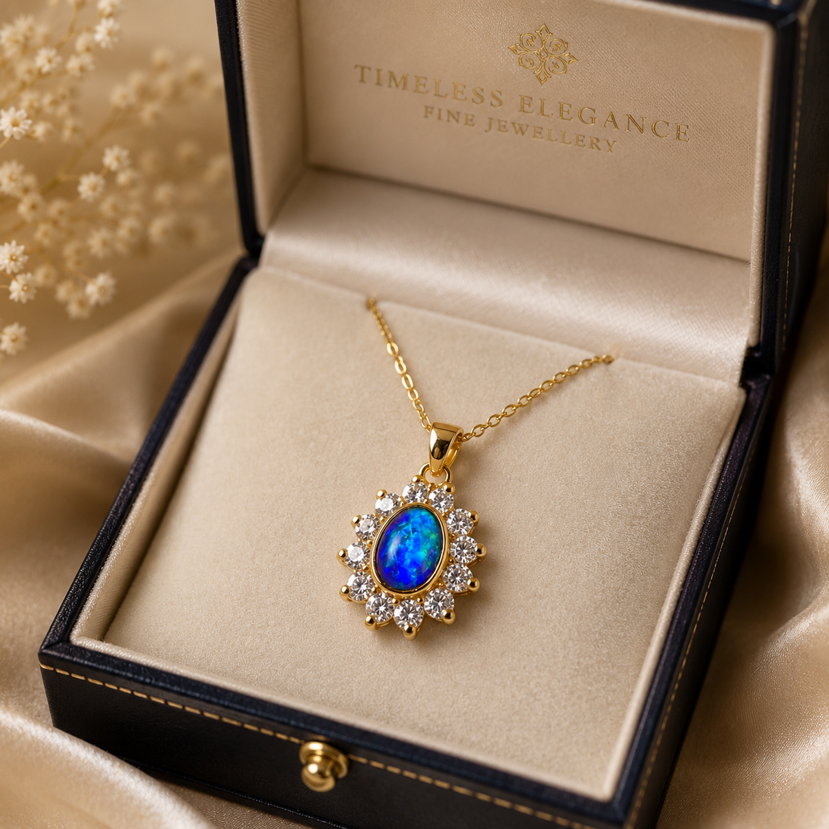 Vibrant sparkling 18K Yellow Gold Black Opal & Diamond Halo Pendant